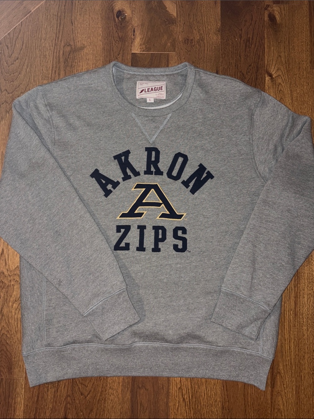 Akron Zips Gray League 91 CollegiateCrewneck Sweatshirt with Navy and Gold Logo